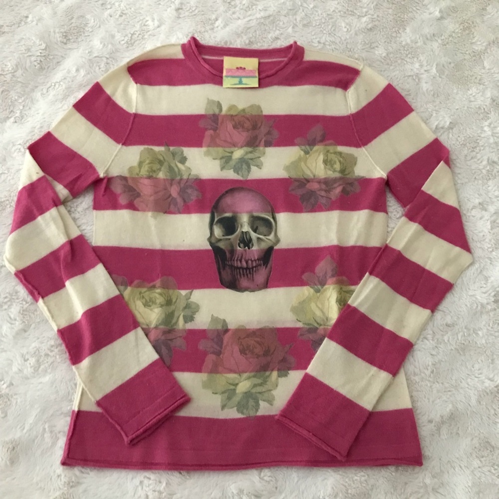 Pink & Cream Striped Cashmere Skull Sweater